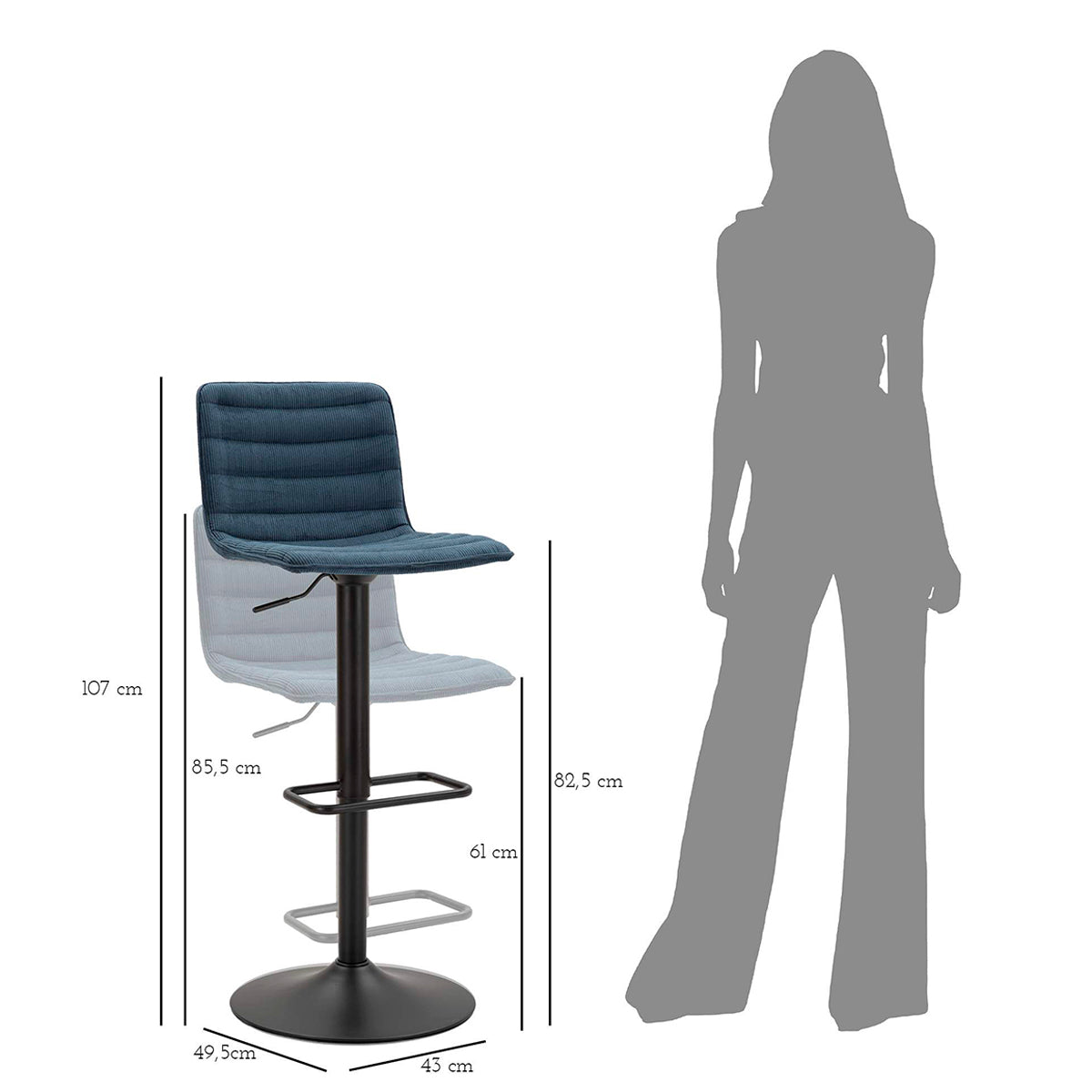 Lot de 2 tabourets de bar réglables de 61 à 83 cm en tissu et métal Mason Bleu et Noir - vue 10