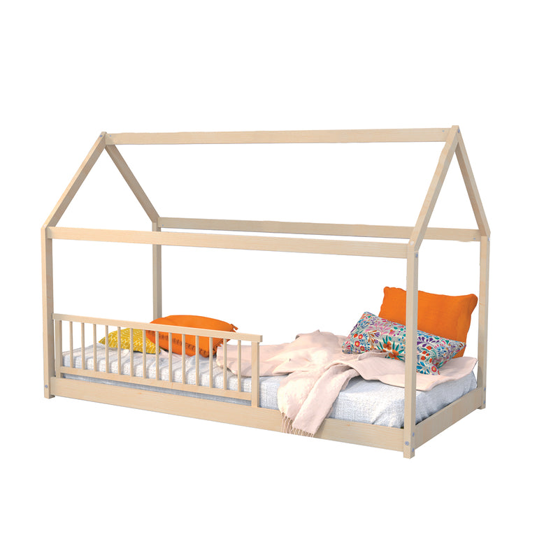 Lit cabane 90x190 barrière de lit amovible et sommier inclus Panda Bois - vue 2
