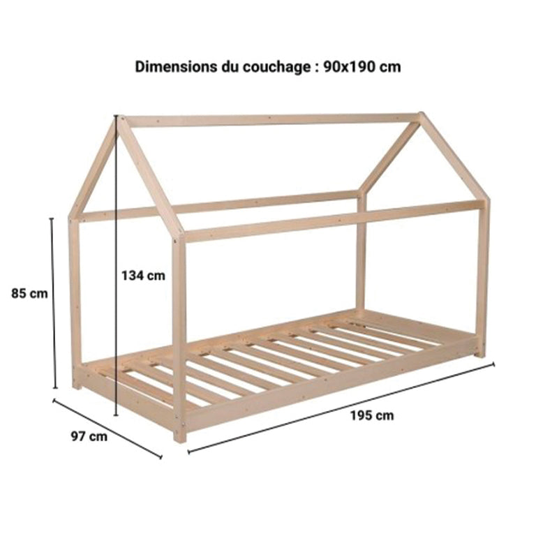 Lit cabane 90x190 barrière de lit amovible et sommier inclus Panda Bois - vue 5