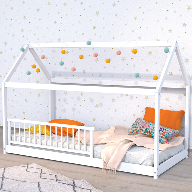Lit cabane 90x190 barrière de lit amovible et sommier inclus Panda Blanc