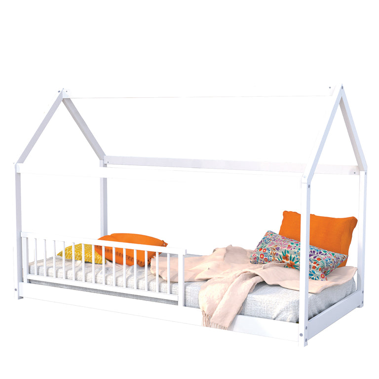 Lit cabane 90x190 barrière de lit amovible et sommier inclus Panda Blanc - vue 2