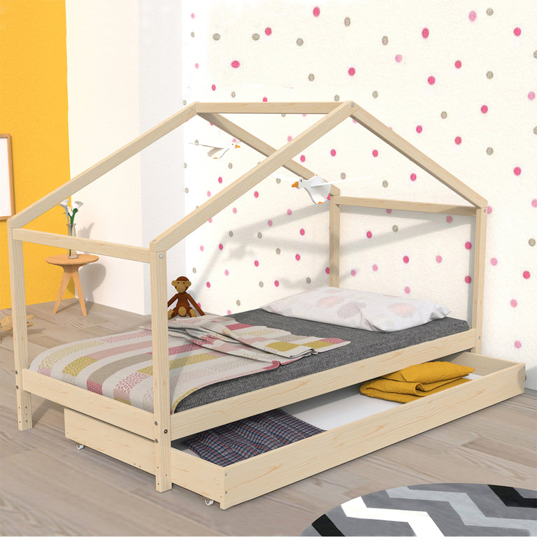 Lit cabane 90x190 tiroir de lit et sommier inclus Koala Bois