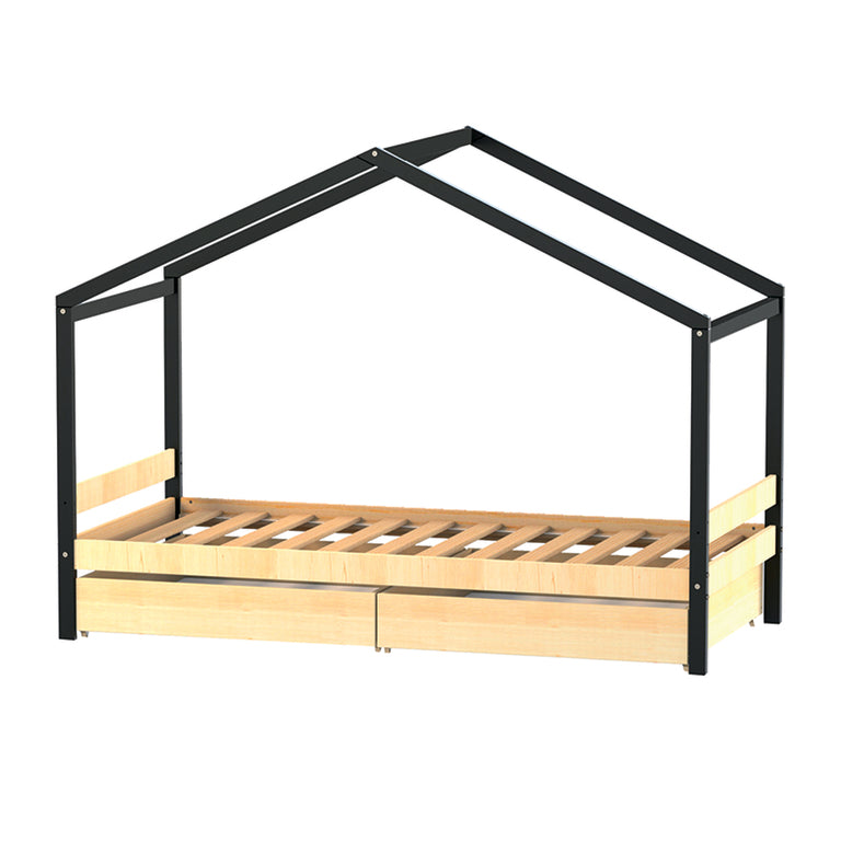 Lit cabane 90x190 2 tiroirs et sommier inclus Koala Noir et bois - vue 2