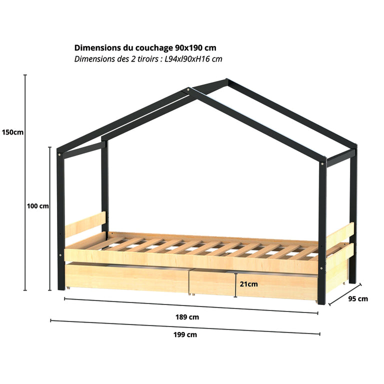 Lit cabane 90x190 2 tiroirs et sommier inclus Koala Noir et bois - vue 3