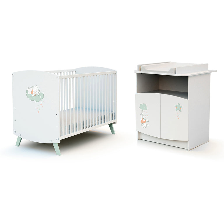 Lit bébé 60x120 et commode avec plan à langer AT4 Disney Up in the Sky Winnie Blanc