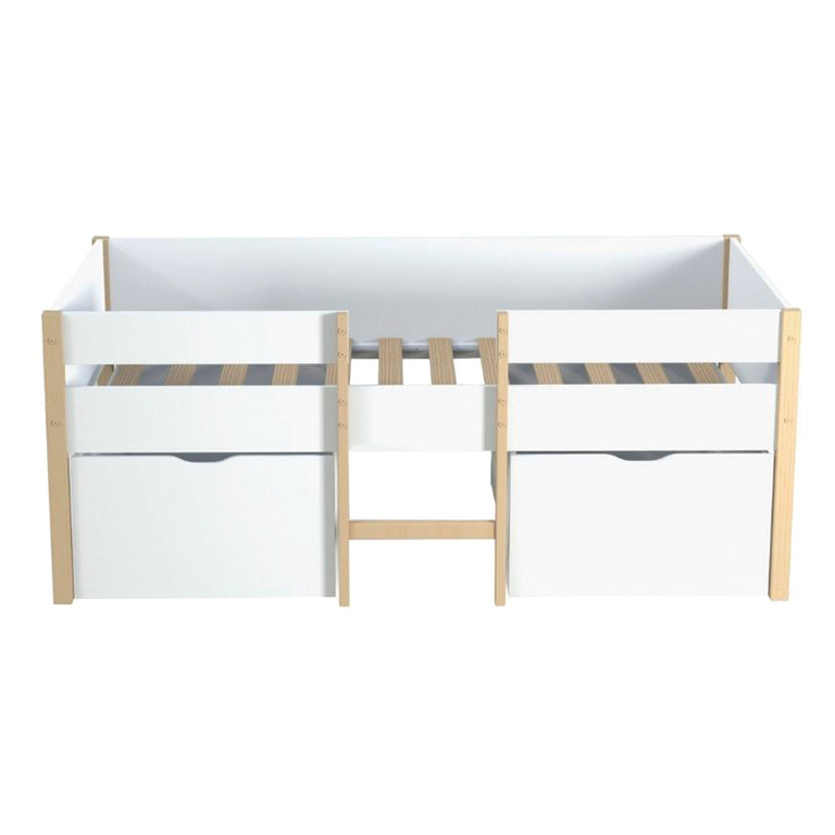 Lit mi-hauteur 90x190 2 grands tiroirs et sommier inclus Arthur Blanc et bois - vue 3