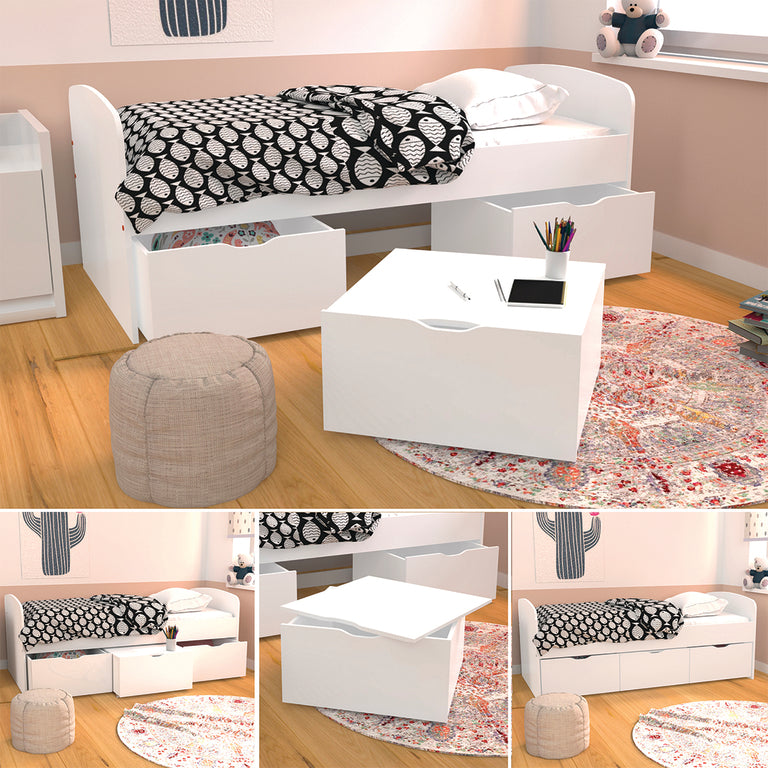 Lit 90x190 sommier inclus et 3 tiroirs Lena Blanc - vue 3