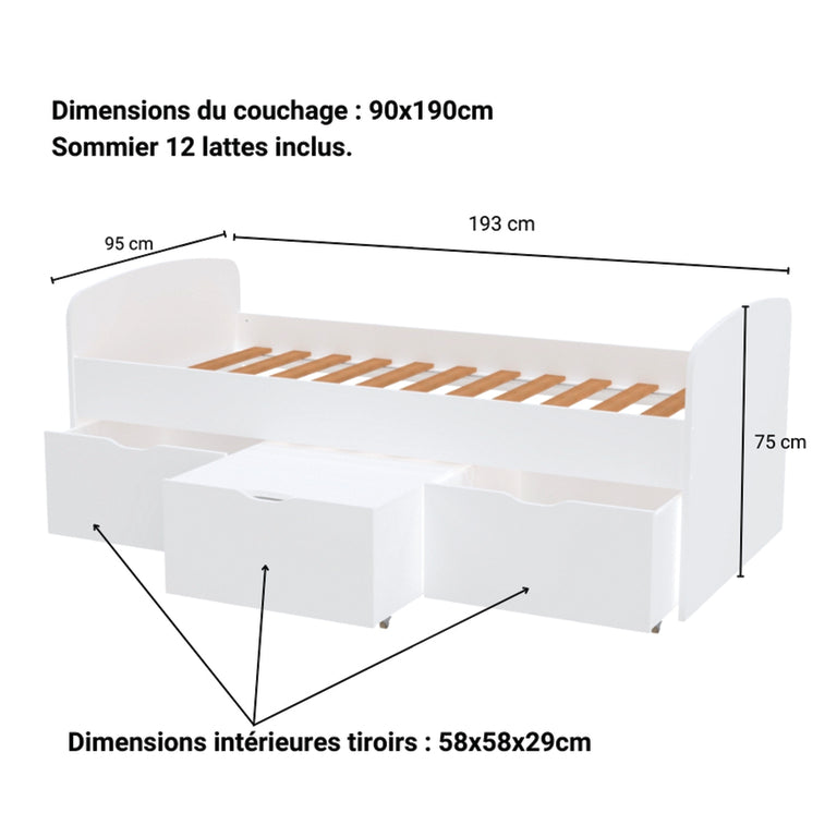 Lit 90x190 sommier inclus et 3 tiroirs Lena Blanc - vue 4