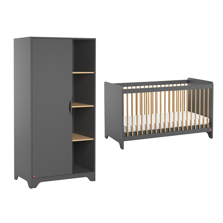 Lit bébé et Armoire 1 porte Vox Leaf Gris et bois