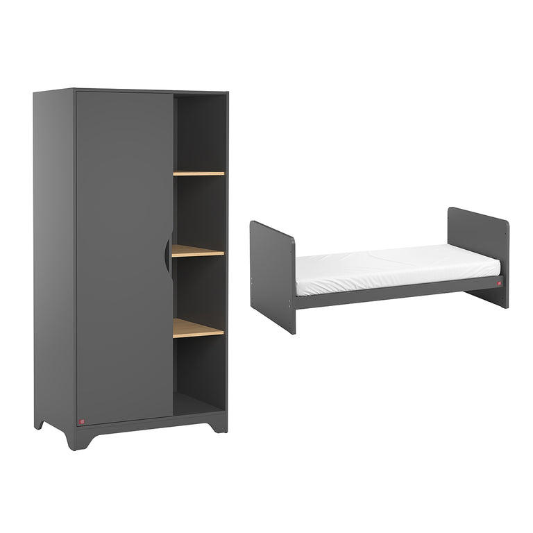 Lit bébé évolutif et Armoire 1 porte Vox Leaf Gris et bois