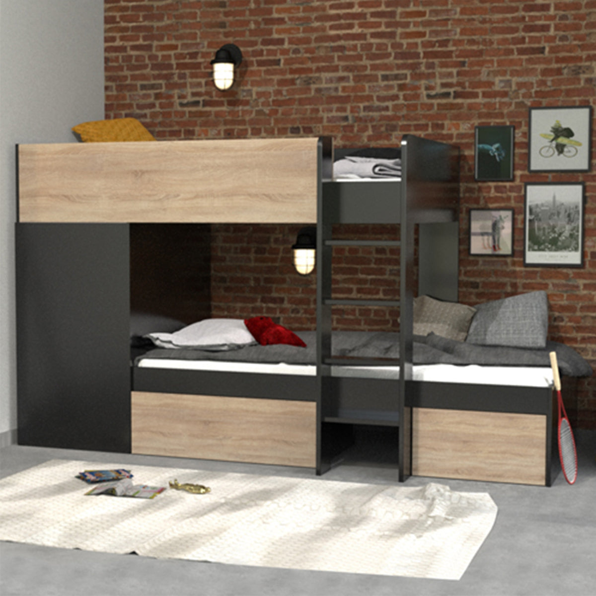 Lit superposé 90x190 - armoire - tiroirs - 2 sommiers - Weber Industries Twin Noir et bois - vue 4