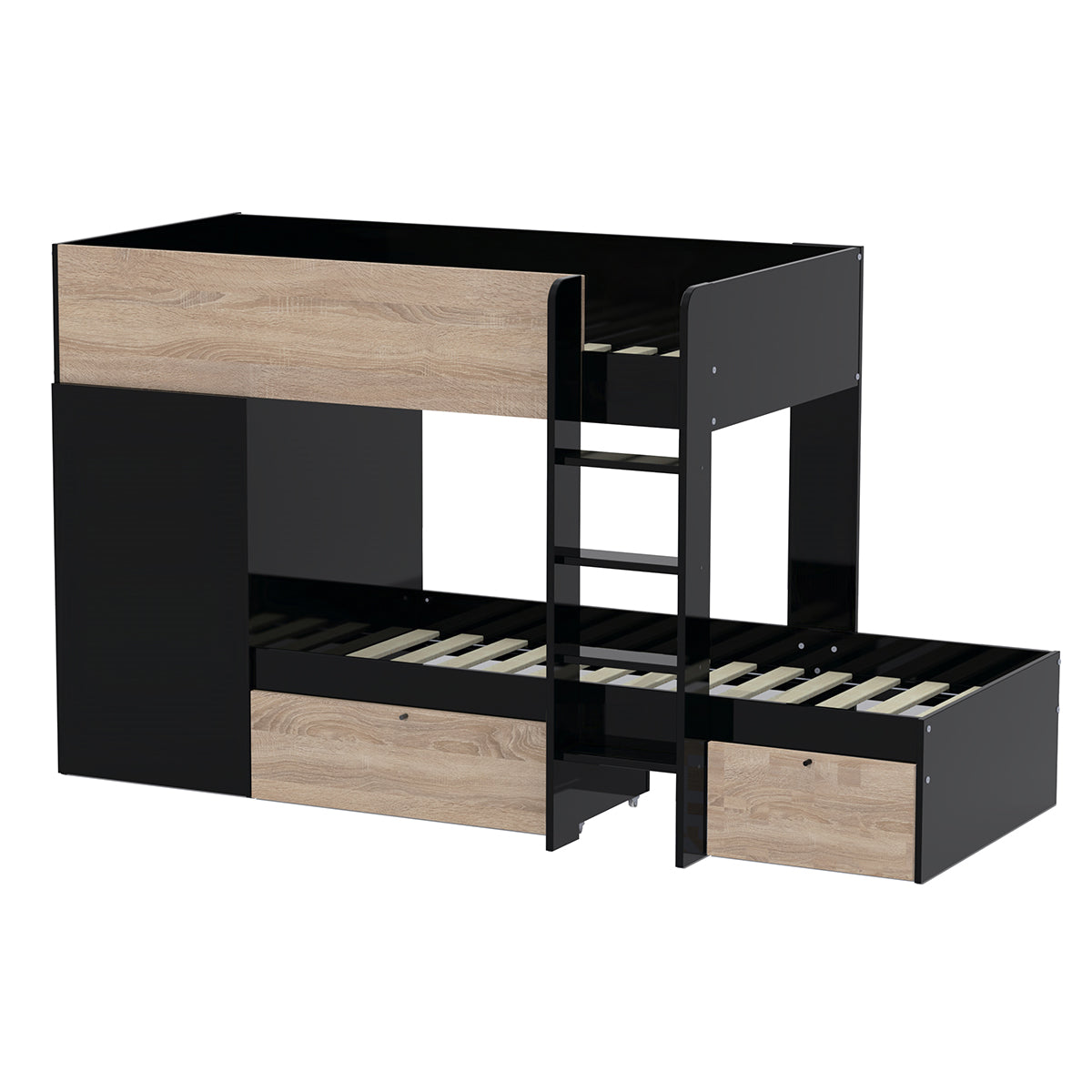 Lit superposé 90x190 - armoire - tiroirs - 2 sommiers - Weber Industries Twin Noir et bois - vue 2