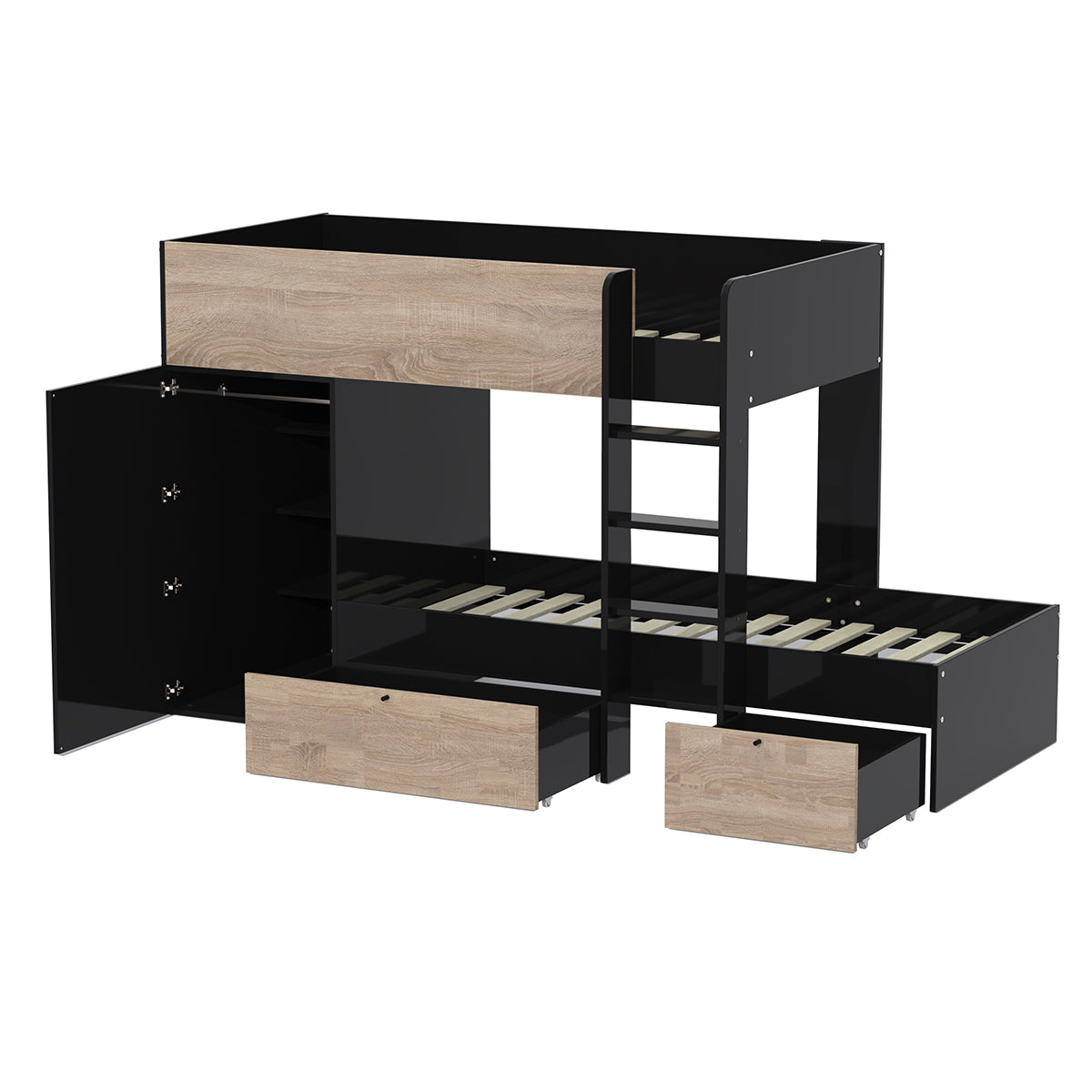 Lit superposé 90x190 - armoire - tiroirs - 2 sommiers - Weber Industries Twin Noir et bois - vue 3