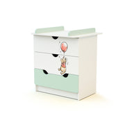 Commode 3 tiroirs avec plan à langer AT4 Disney Exploring Winnie Vert d'eau et Blanc