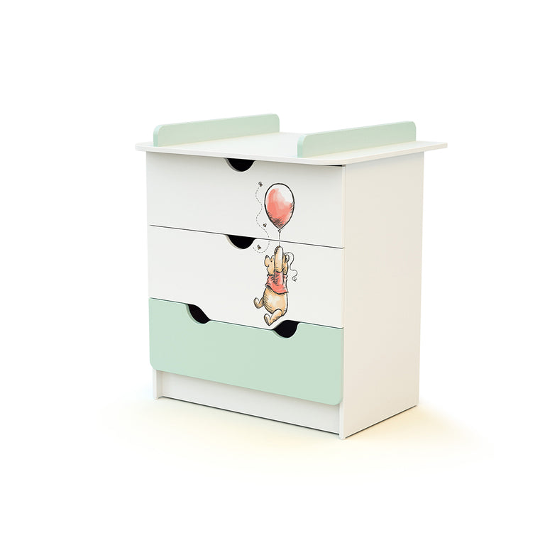 Commode 3 tiroirs avec plan à langer AT4 Disney Exploring Winnie Vert d'eau et Blanc