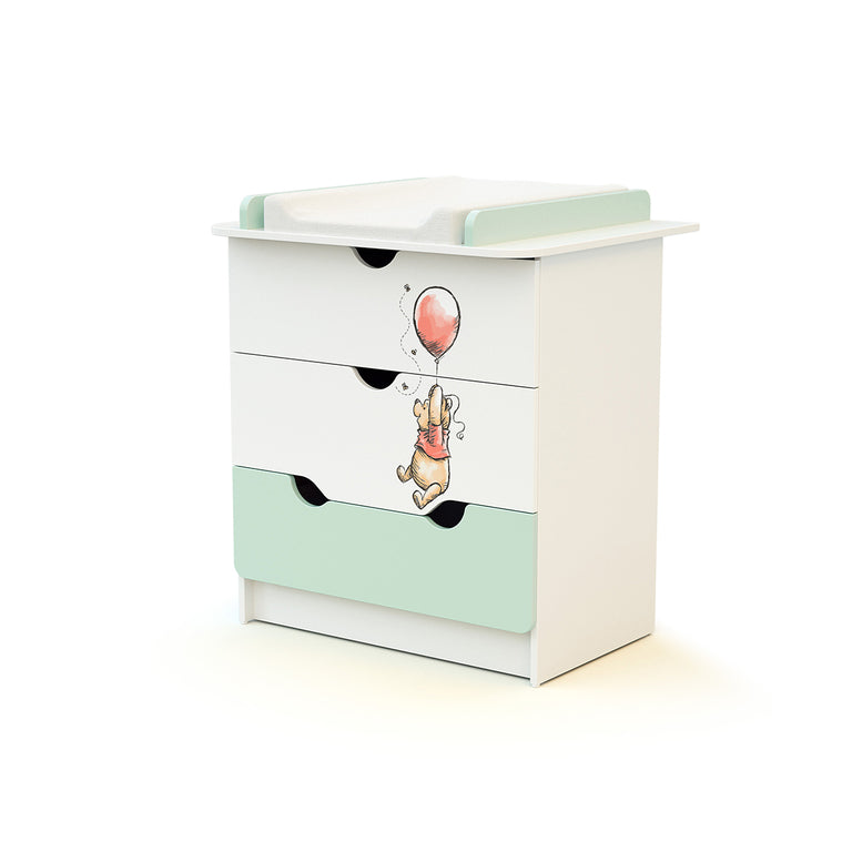 Commode 3 tiroirs avec plan à langer AT4 Disney Exploring Winnie Vert d'eau et Blanc - vue 3