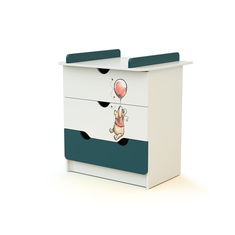 Commode 3 tiroirs avec plan à langer AT4 Disney Exploring Winnie Bleu Canard et Blanc
