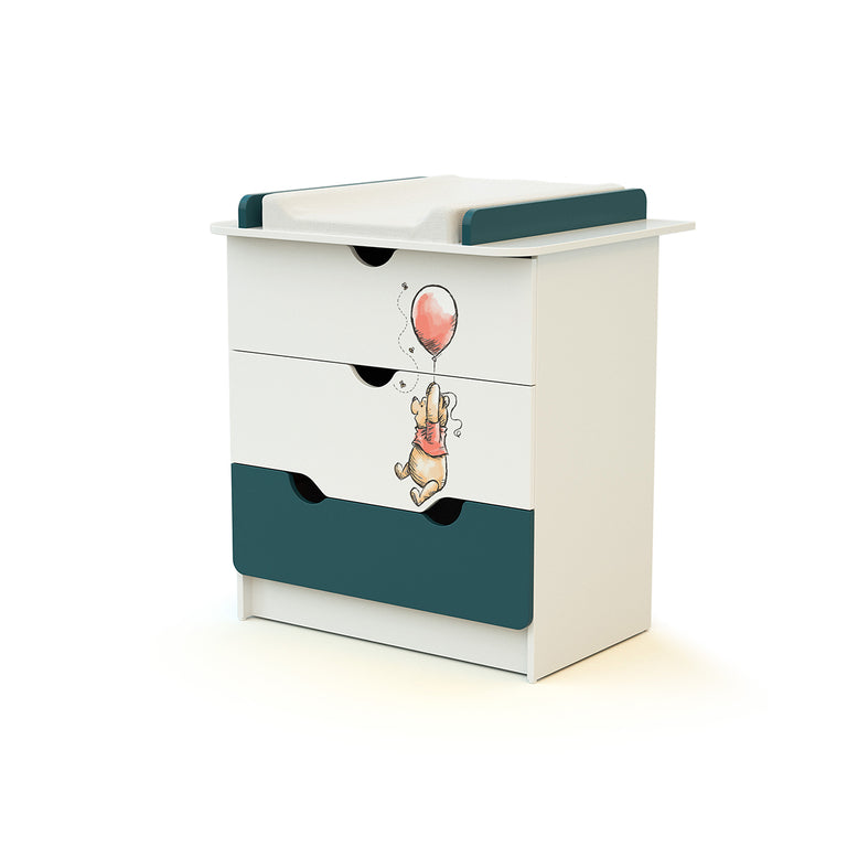 Commode 3 tiroirs avec plan à langer AT4 Disney Exploring Winnie Bleu Canard et Blanc - vue 3