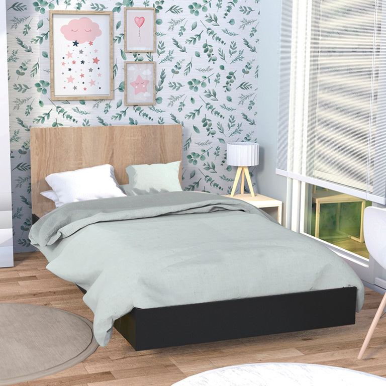 Lit 90x190 sommier inclus Cora Noir et Bois blanchi