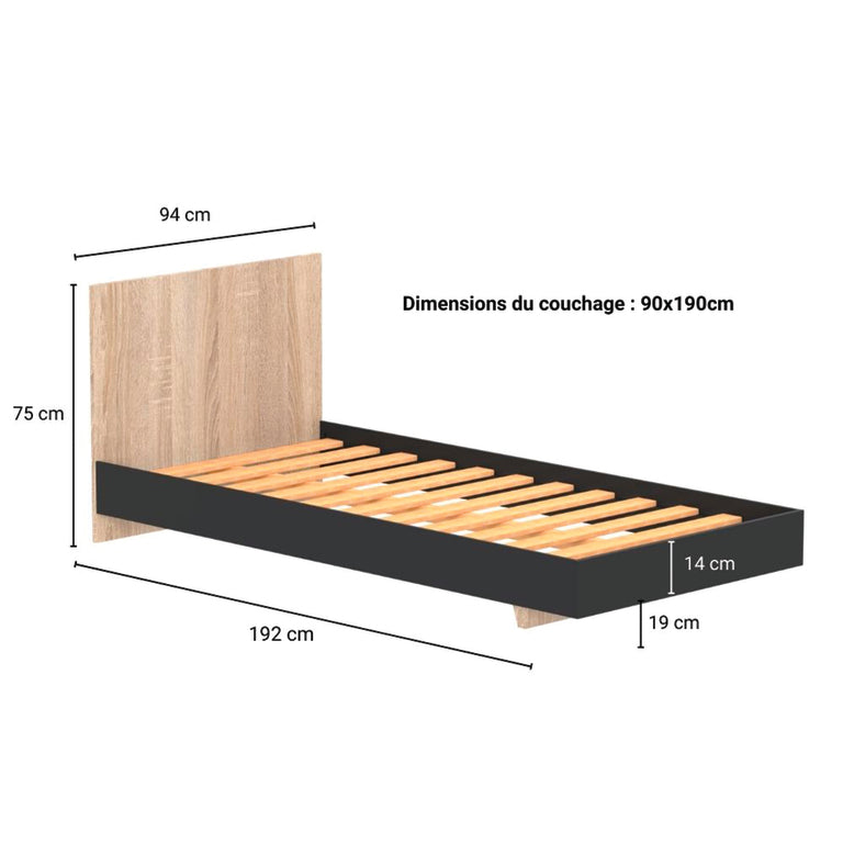 Lit 90x190 sommier inclus Cora Noir et Bois blanchi - vue 3