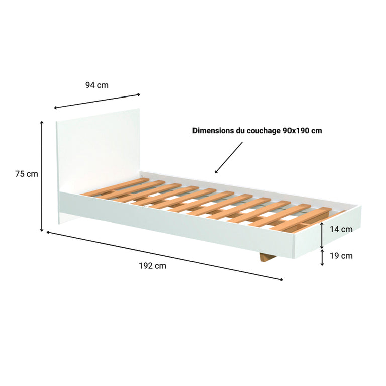 Lit 90x190 sommier inclus Cora Blanc - vue 3