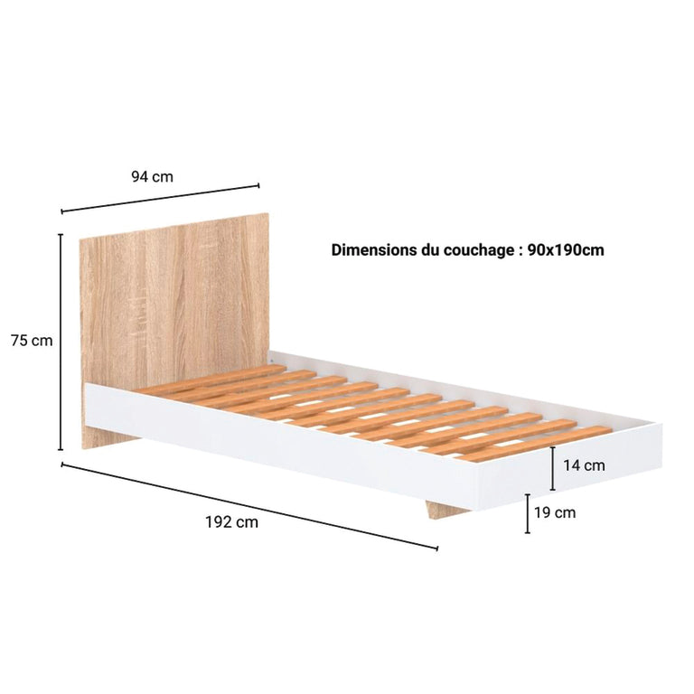 Lit 90x190 sommier inclus Cora Blanc et Bois blanchi - vue 3