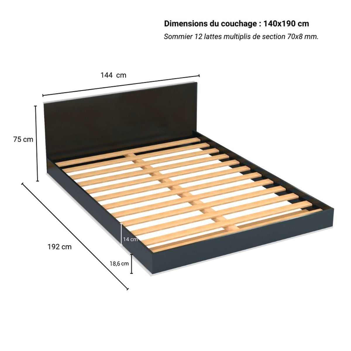Lit 140x190 sommier inclus Cora Noir - vue 3