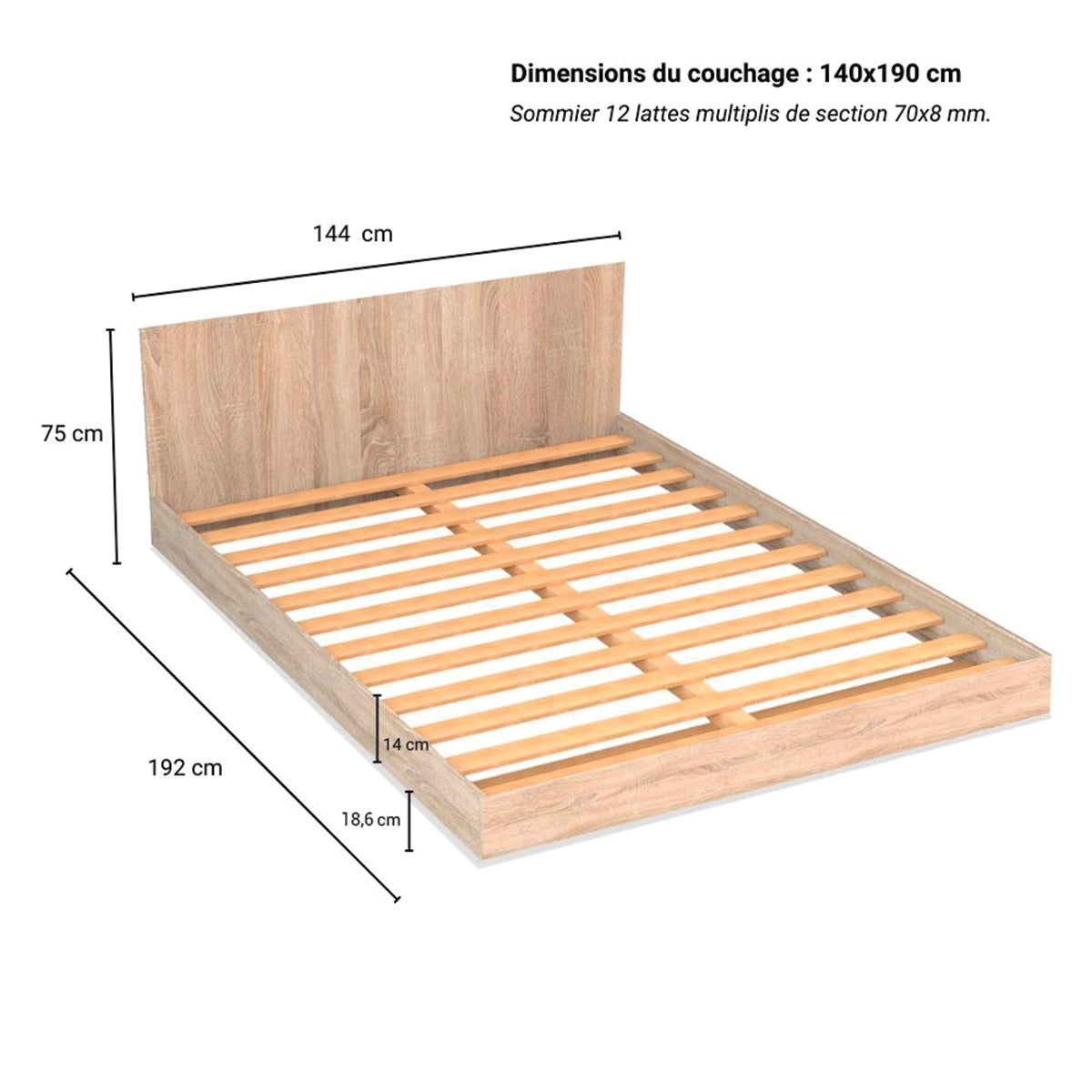 Lit 140x190 sommier inclus Cora Bois blanchi - vue 3
