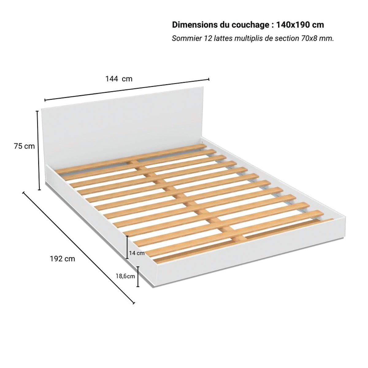 Lit 140x190 sommier inclus Cora Blanc - vue 3
