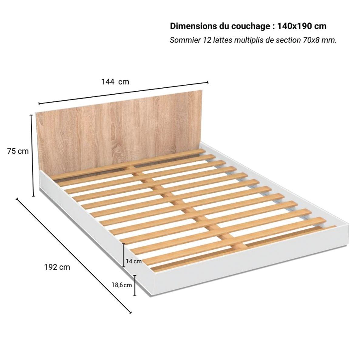 Lit 140x190 sommier inclus Cora Blanc et Bois blanchi - vue 3