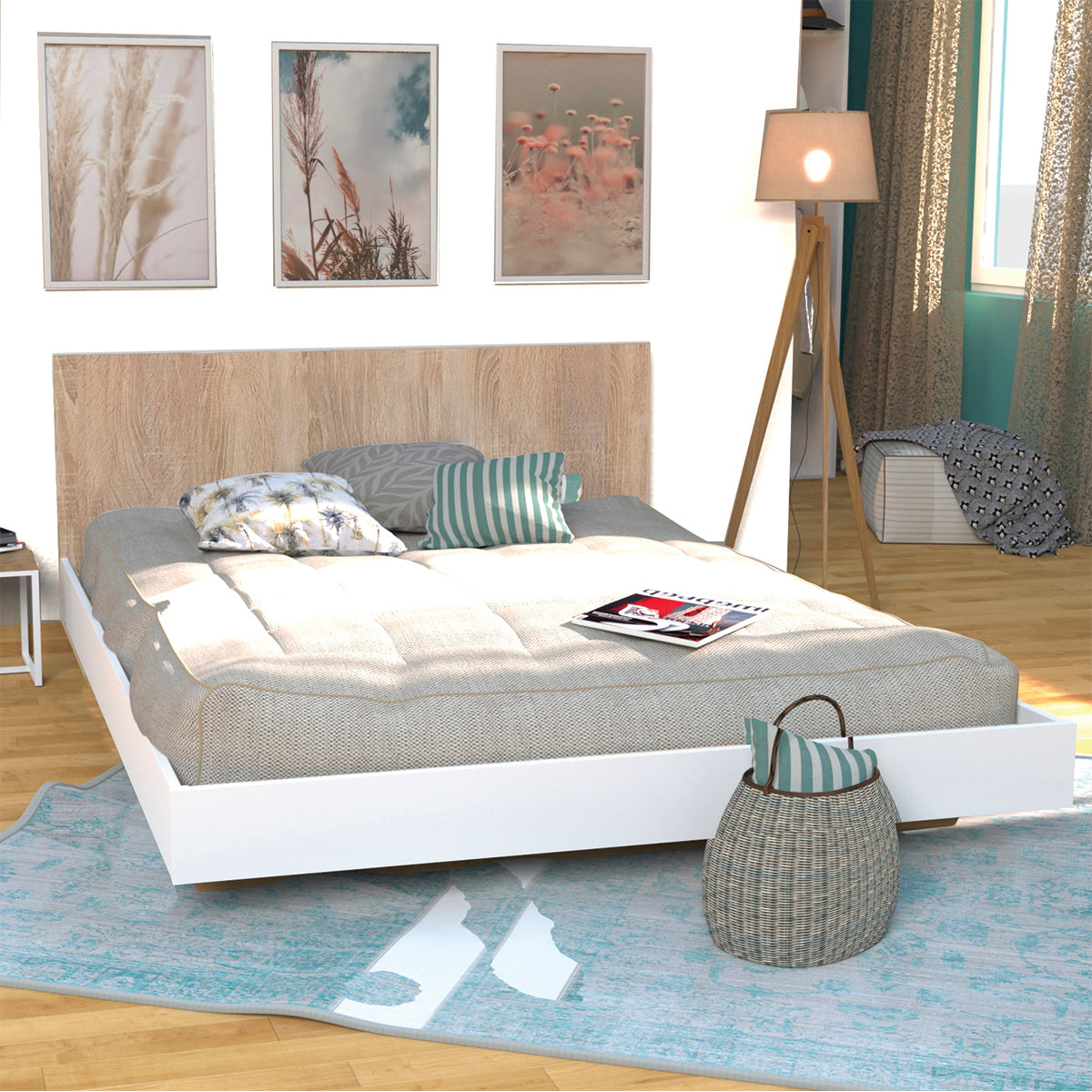 Lit 140x190 sommier inclus Cora Blanc et Bois blanchi