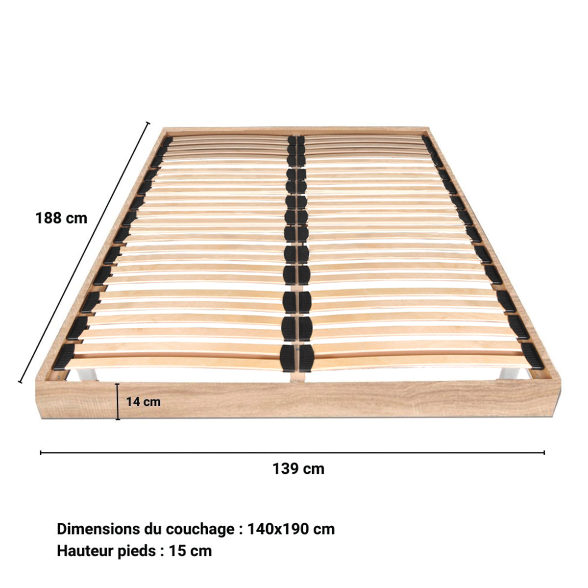 Sommier sur pied 140x190 26 lattes Izar Bois blanchi - vue 3
