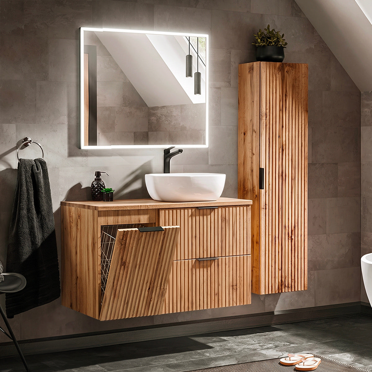 Ensemble meuble simple vasque 100cm panier à linge et colonne Adriel Bois