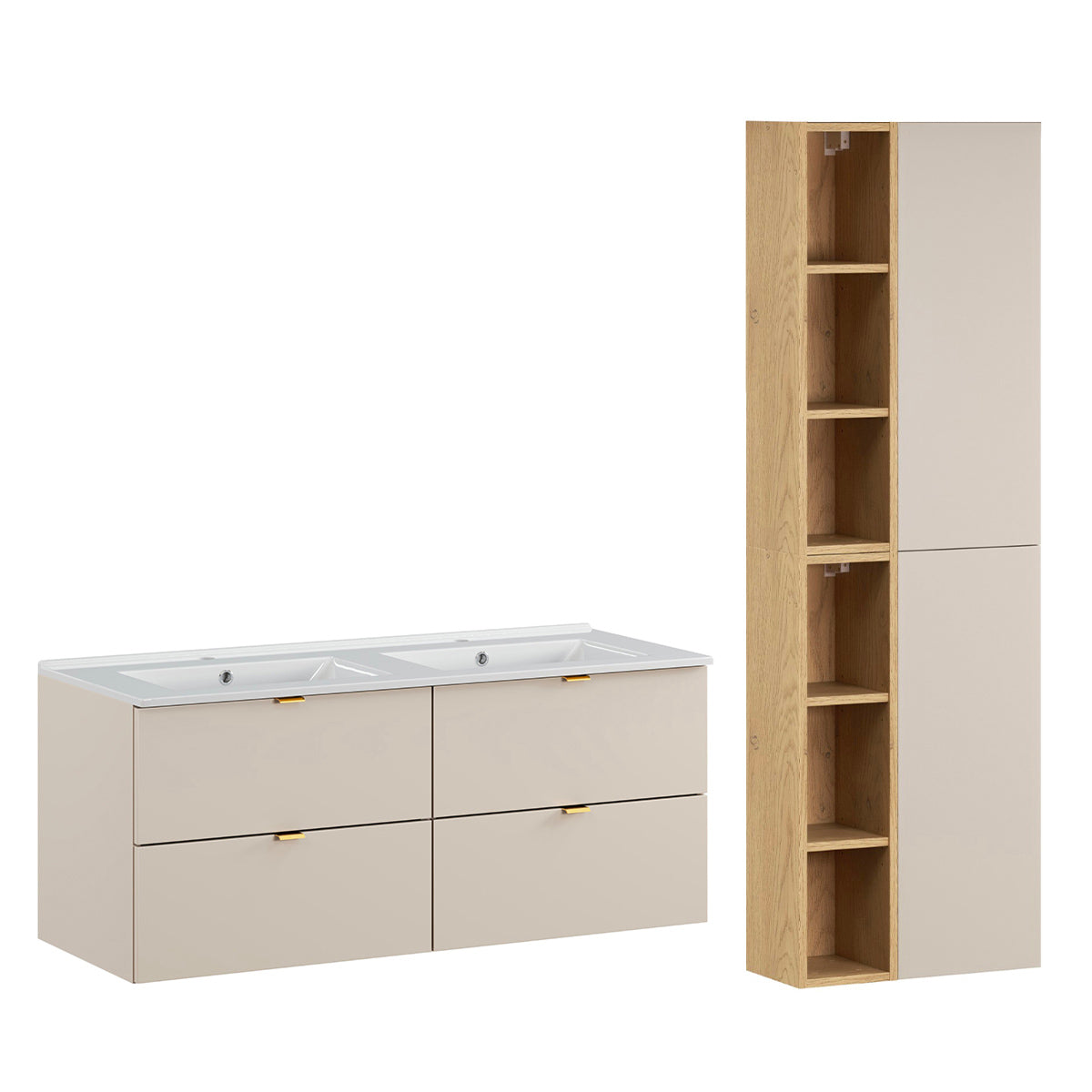 Ensemble meuble double vasque encastrée 120cm et colonne Azel Cachemire et Bois