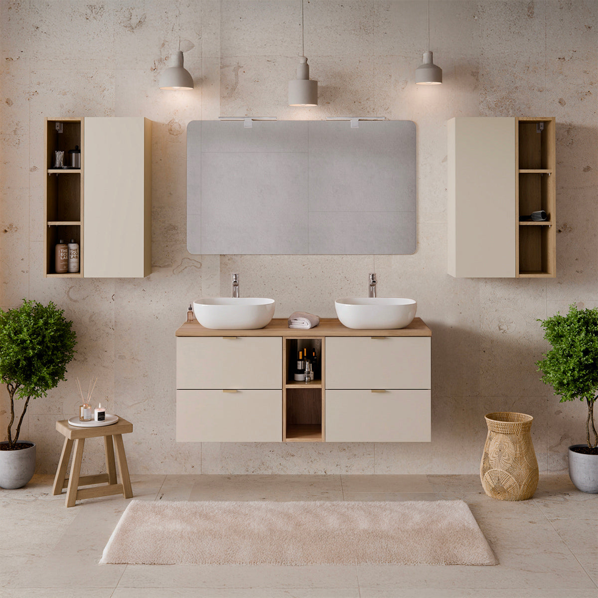 Meuble double vasque 120cm 2 niches Azel Cachemire et Bois