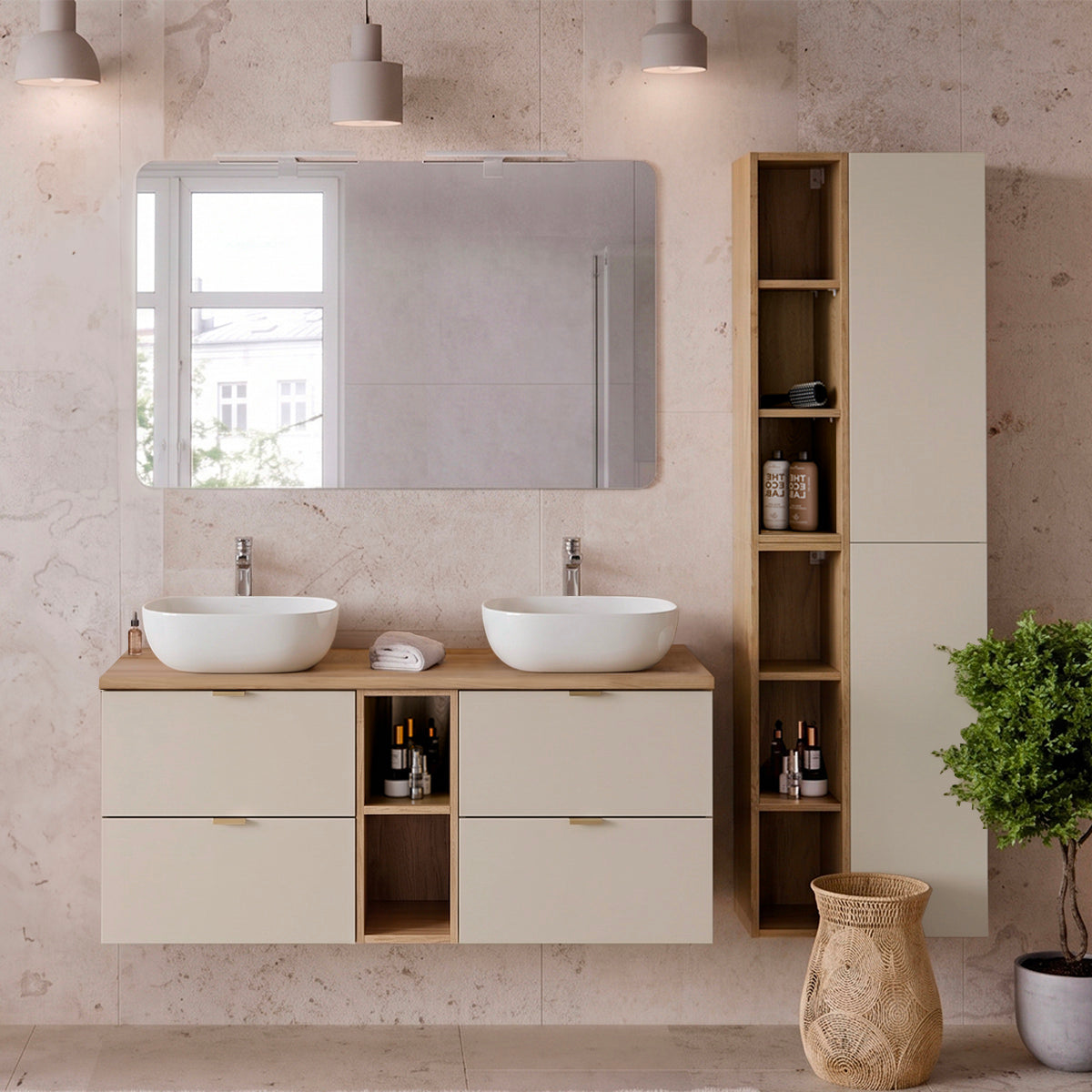 Meuble double vasque 120cm 2 niches Azel Cachemire et Bois