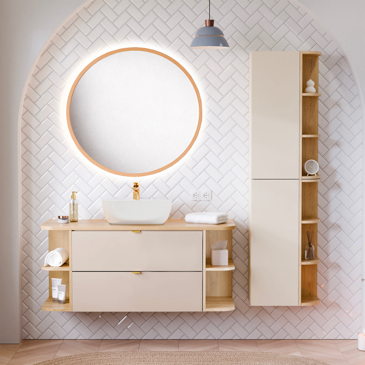 Ensemble meuble simple vasque 120cm niches arrondies colonne et miroir LED Azel Cachemire et Bois