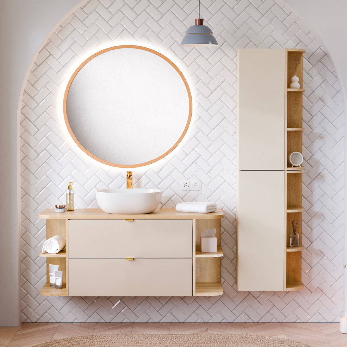 Ensemble meuble simple vasque 120cm niches arrondies et colonne Azel Cachemire et Bois