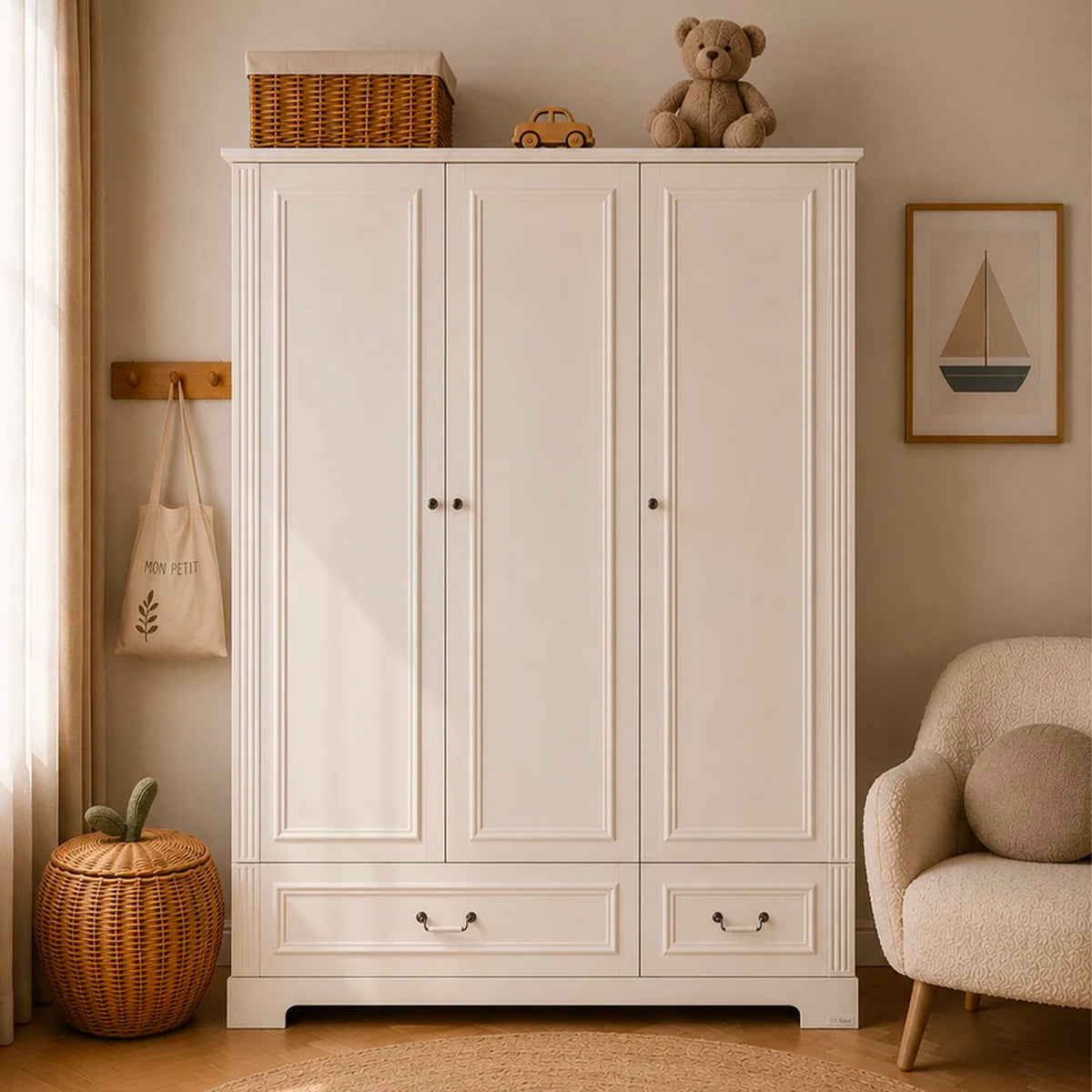 Armoire 3 portes 2 tiroirs Bellamy Ines Blanc