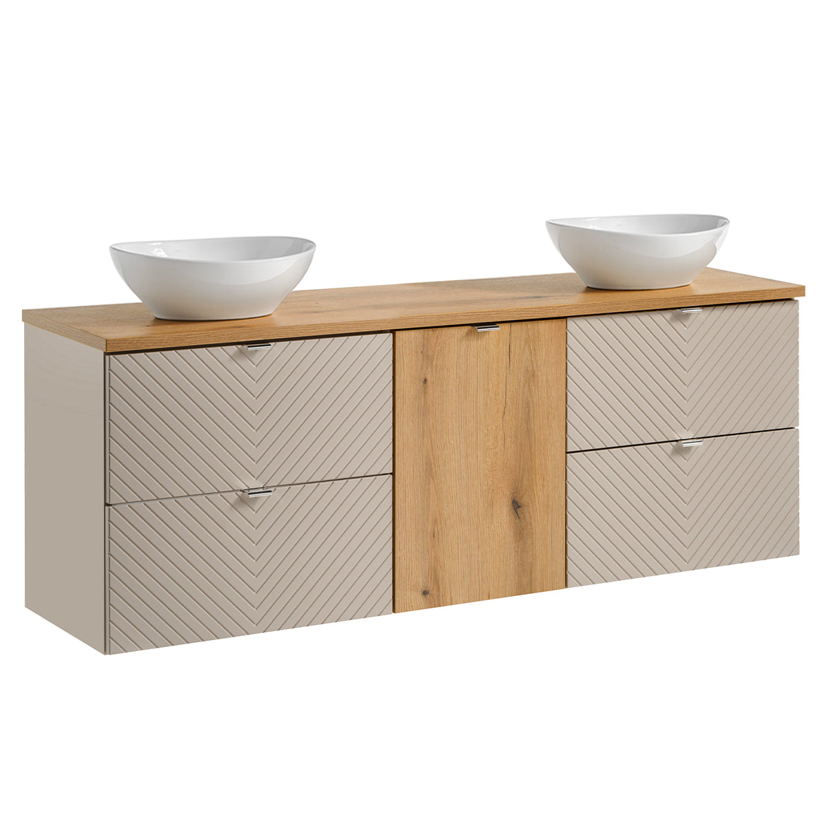 Ensemble meuble double vasque 160cm 4 tiroirs colonne et 3 armoires murales Manoa Cachemire et Bois