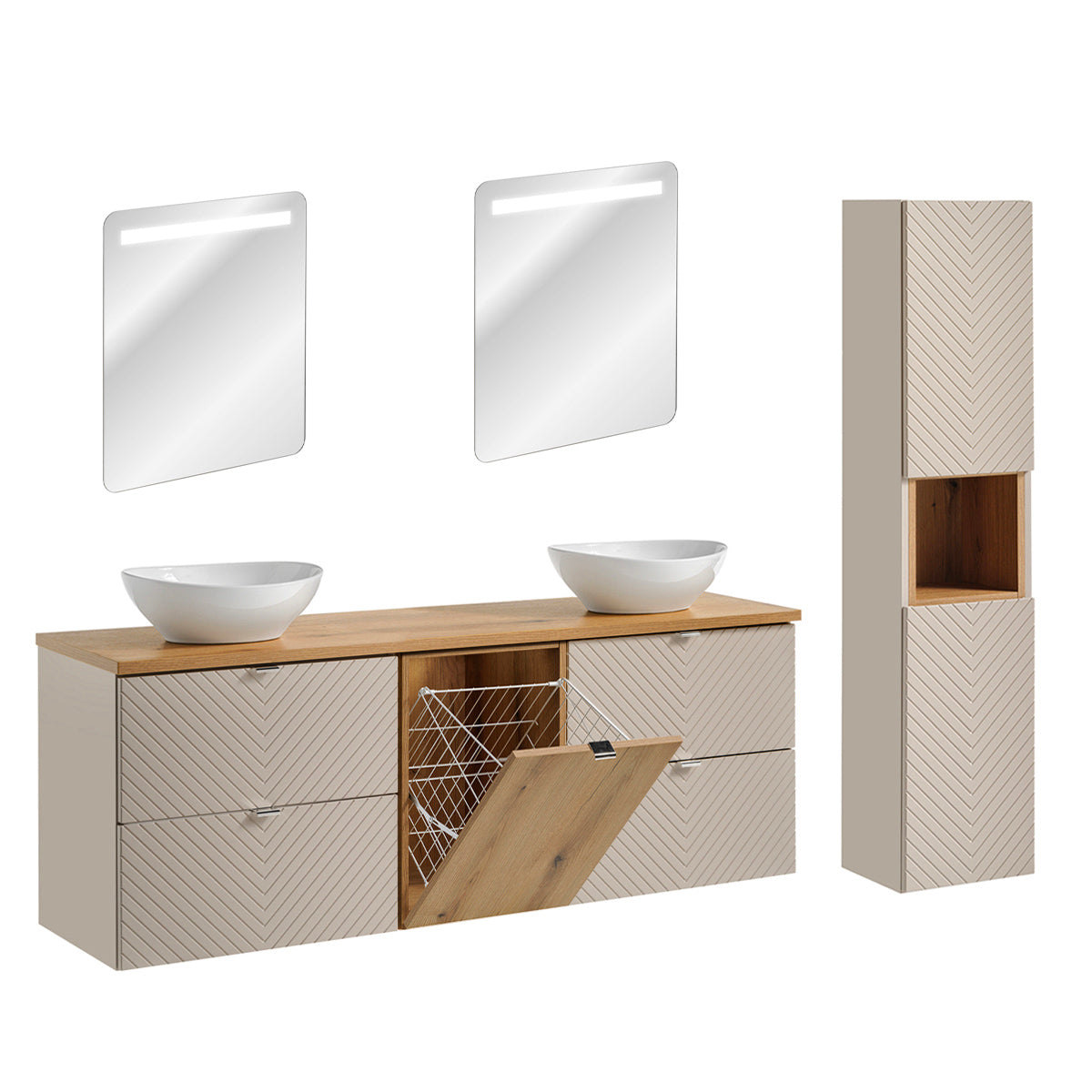 Ensemble meuble double vasque 160cm 4 tiroirs panier à linge miroirs LED et colonne Manoa Cachemire et Bois