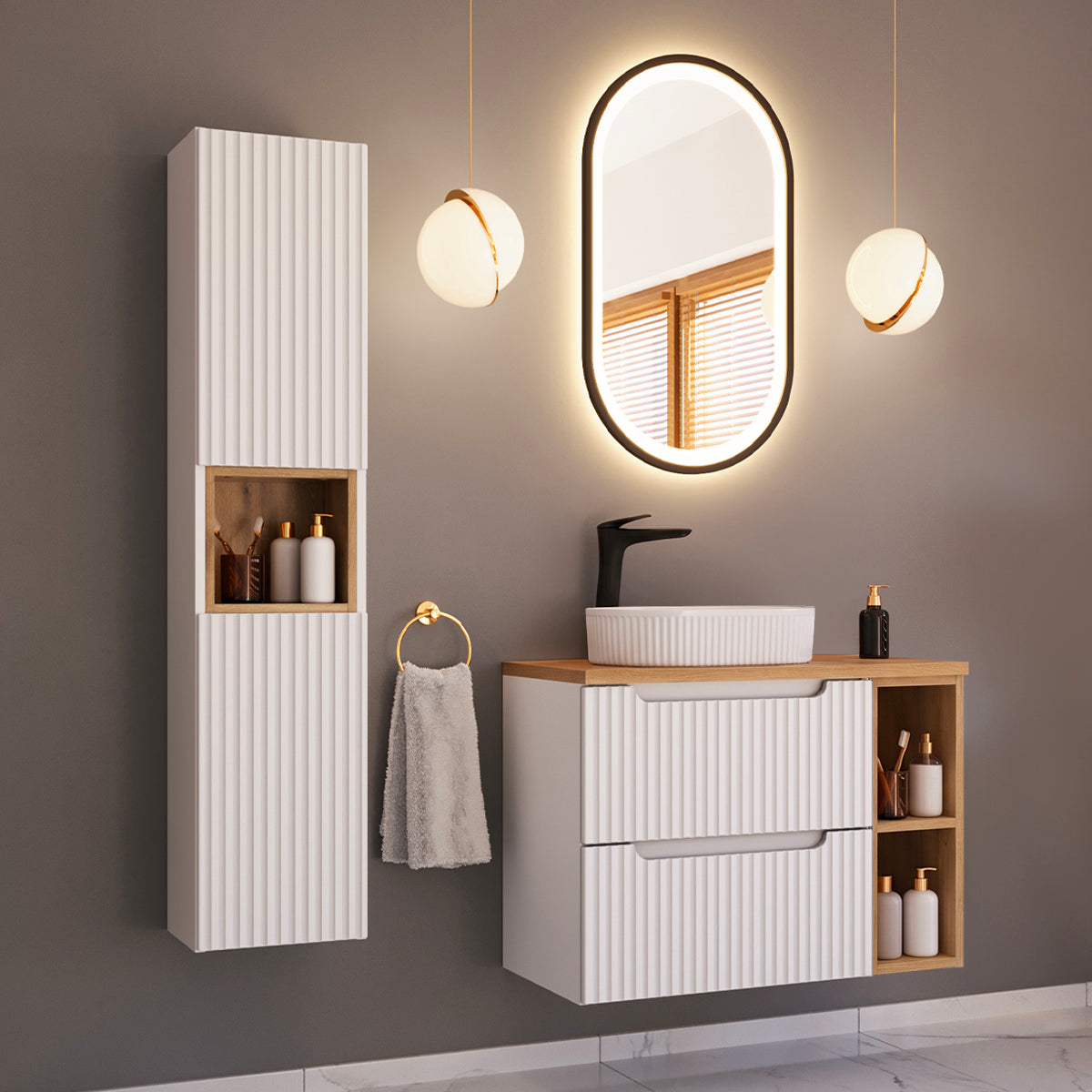 Ensemble meuble simple vasque 80cm 2 tiroirs 2 niches et colonne Riva Blanc et Bois