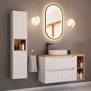 Ensemble meuble simple vasque 100cm 2 tiroirs 2 niches et colonne Riva Blanc et Bois