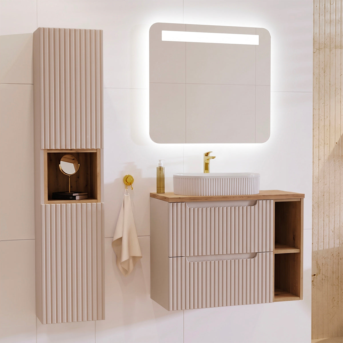 Ensemble meuble simple vasque 80cm 2 tiroirs 2 niches et colonne Riva Cachemire et Bois