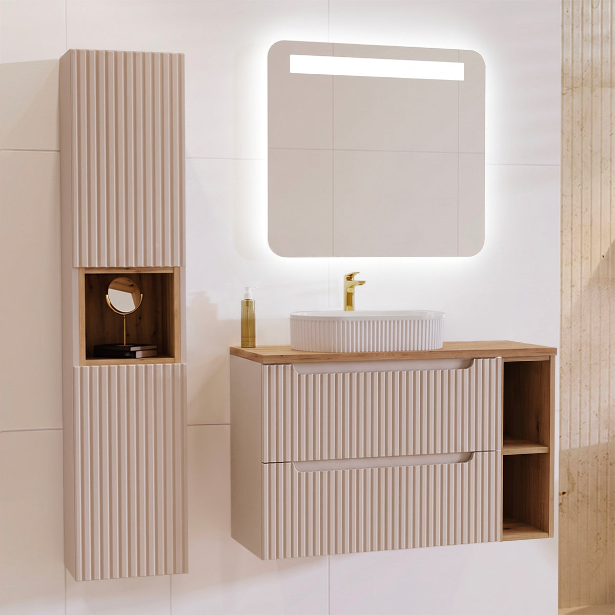 Ensemble meuble simple vasque 100cm 2 tiroirs 2 niches et colonne Riva Cachemire et Bois