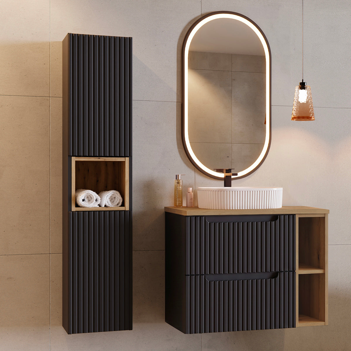 Ensemble meuble simple vasque 80cm 2 tiroirs 2 niches et colonne Riva Noir et Bois