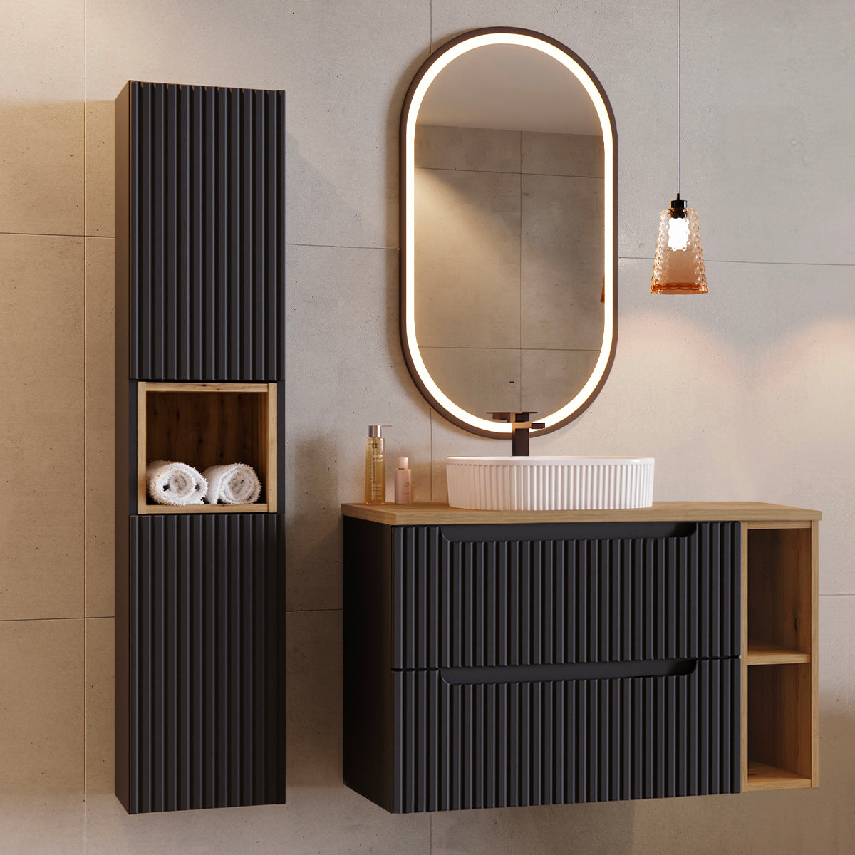 Ensemble meuble simple vasque 100cm 2 tiroirs 2 niches et colonne Riva Noir et Bois