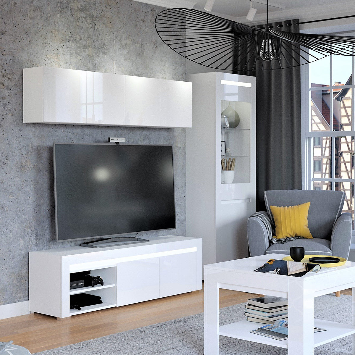 Meuble TV 2 portes 152 cm LED inclus Kasla Blanc - vue 2