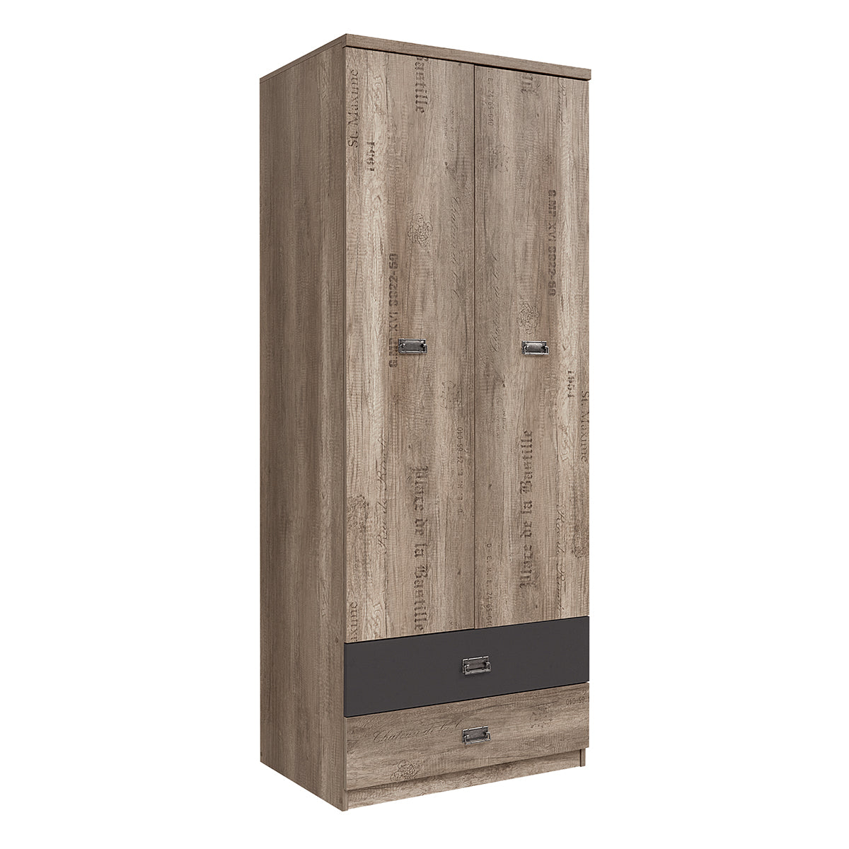 Armoire 2 portes 2 tiroirs Abel Bois et Gris