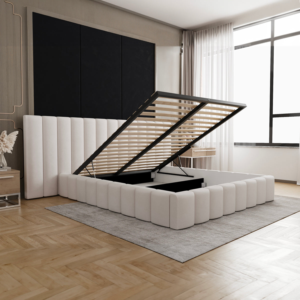 Lit coffre 160x200 sommier inclus Kira Blanc cassé - vue 3